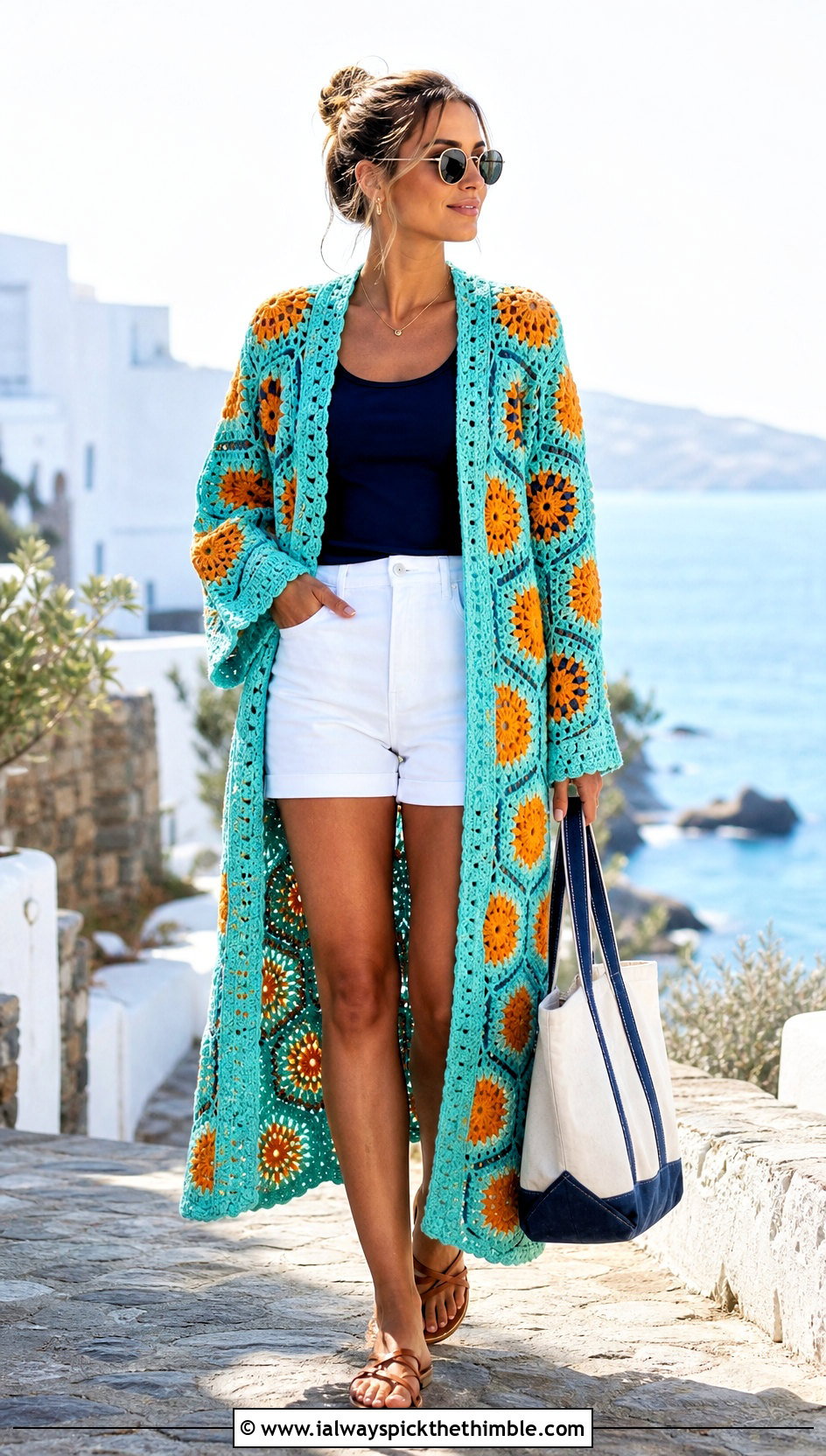 Longline Hexagon Crochet Cardigan With Shorts - 20 Hexagon Crochet Cardigan With Granny Squares outfit ideas