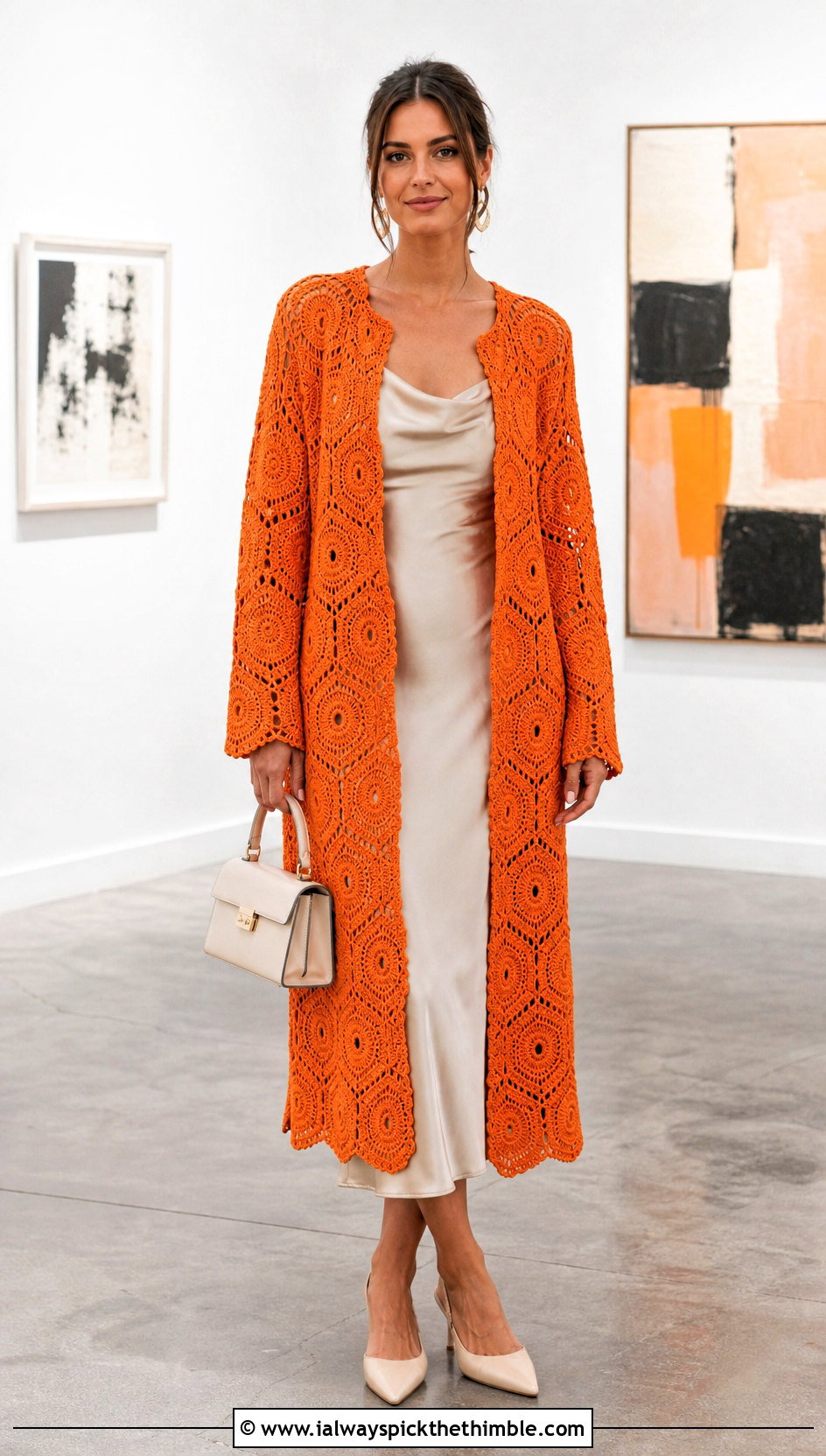 Longline Hexagon Crochet Cardigan With Slip Dress - 25 hexagon crochet cardigan outfit ideas