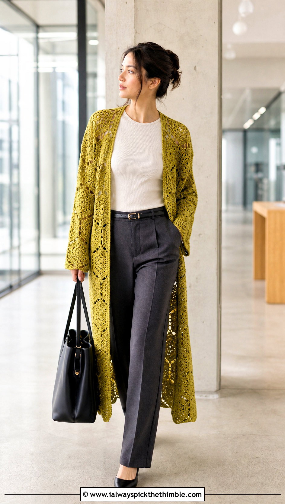 Longline Hexagon Granny Square Cardigan With Tailored Trousers - 25 hexagon granny square cardigan outfit ideas