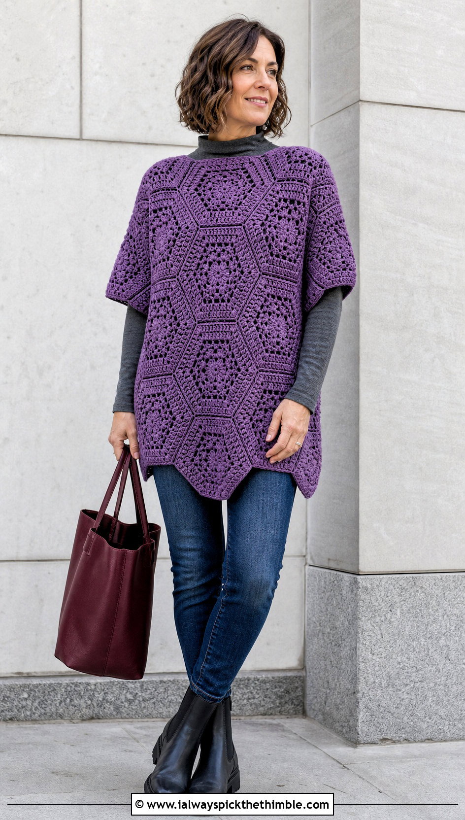 Longline Hexagon Granny Square Pullover With Slim Jeans - 20 Hexagon Granny Square Pullover outfit ideas