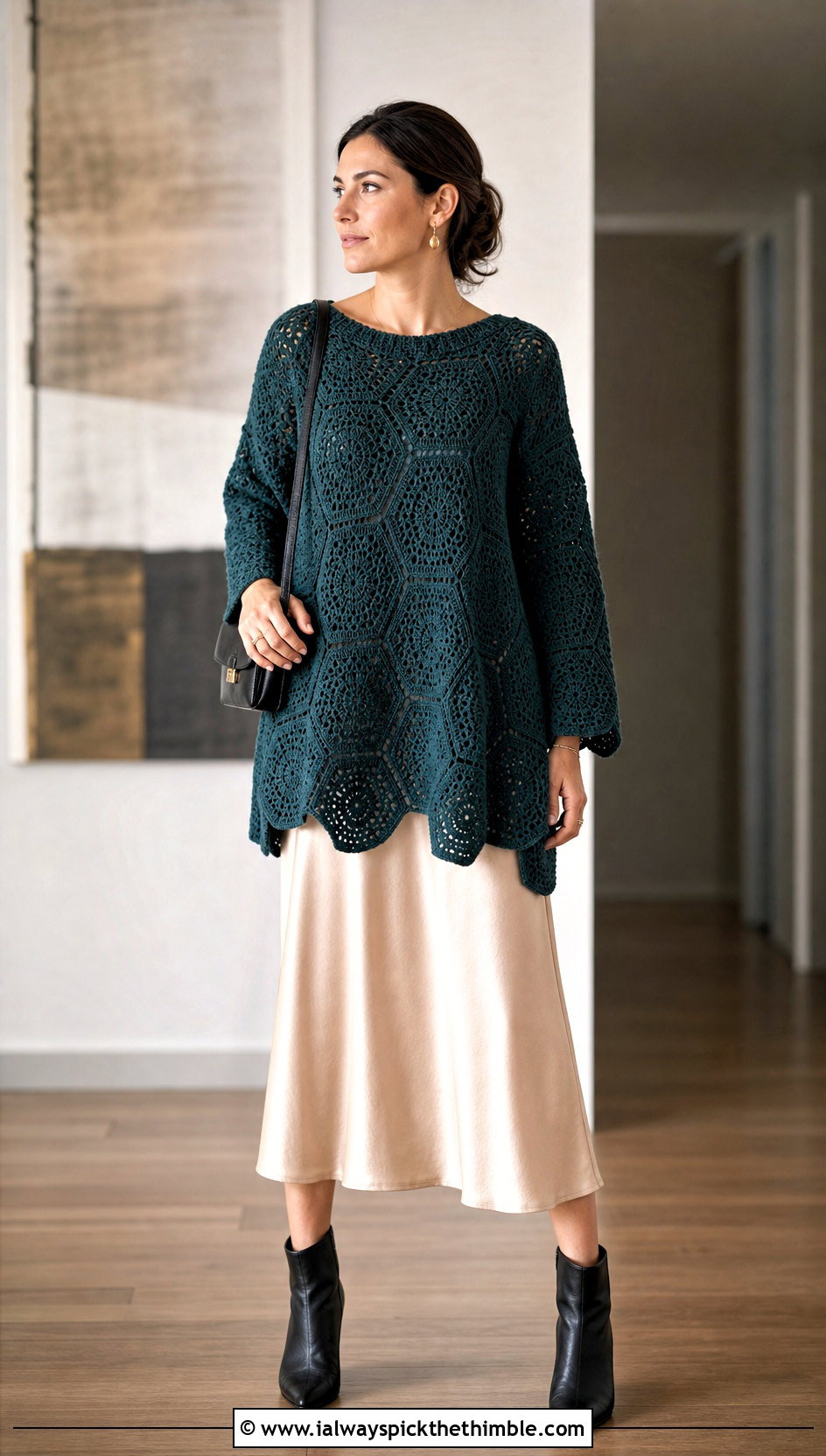 Longline Hexagon Pullover With Slip Dress - 25 crochet hexagon pullover outfit ideas