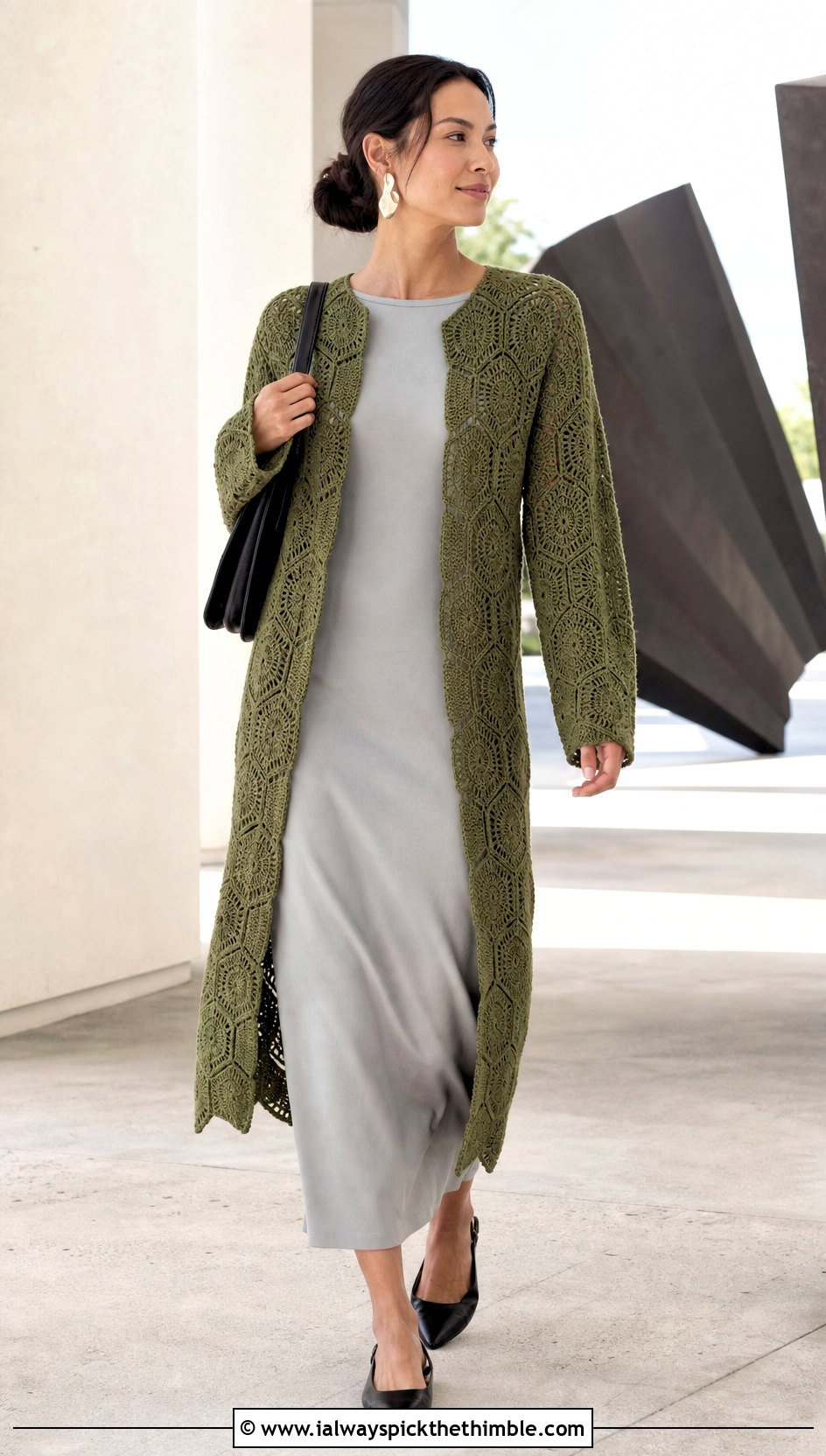 Longline Hexi Cardi With Column Dress - 25 crochet hexi cardi outfit ideas