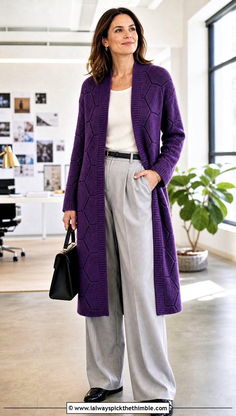 Longline Hexi Cardigan With Tailored Trousers - 25 crochet hexi cardigan outfit ideas