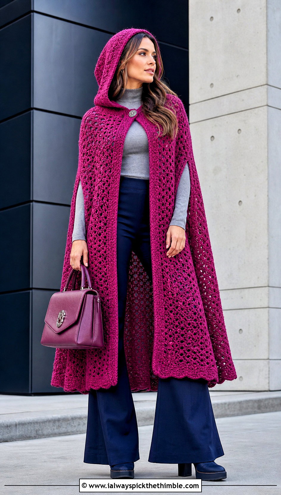 Longline Hooded Crochet Poncho Cape With Flared Pants - 20 Hooded Crochet Cape outfit ideas