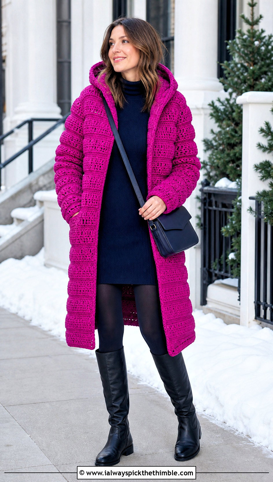 Longline Hooded Crochet Puffer Jacket With Sweater Dress - 25 crochet puffer jacket outfit ideas