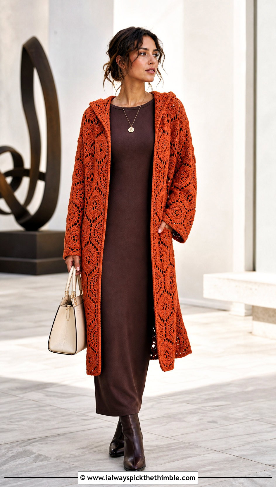 Longline Hooded Hexagon Cardigan With Column Dress - 20 Crochet Hexagon Cardigan With Hood outfit ideas