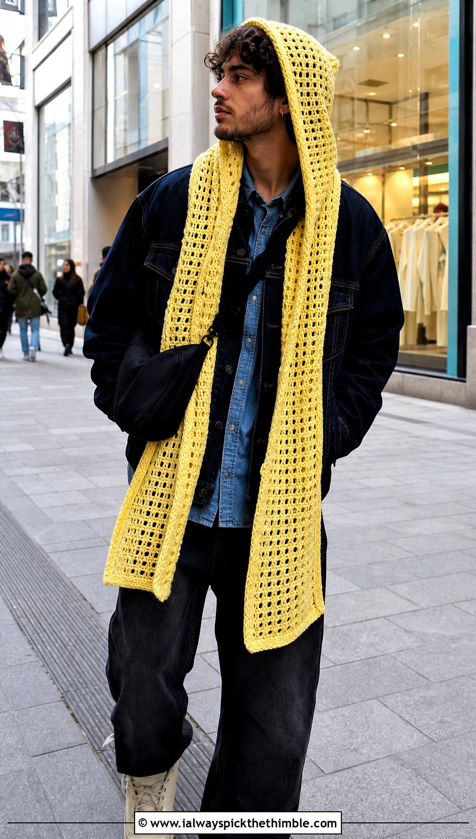 Longline Hooded Scarf With Denim Shirt - 20 Crochet Hooded Scarf For Men outfit ideas