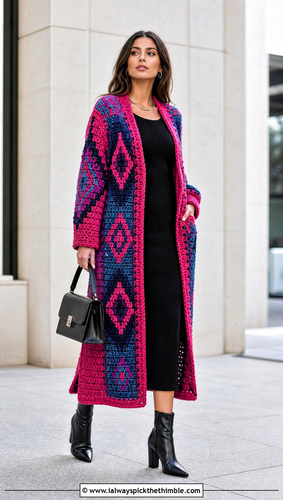 Longline Howl Crochet Cardigan With Black Column Dress - 20 Howl Crochet Cardigan outfit ideas