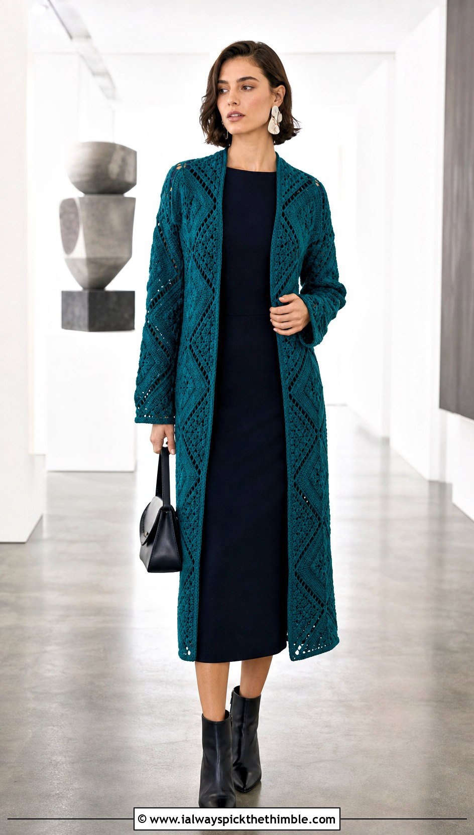 Longline Howls Crochet Jacket With Column Dress - 20 Howls Crochet Jacket outfit ideas