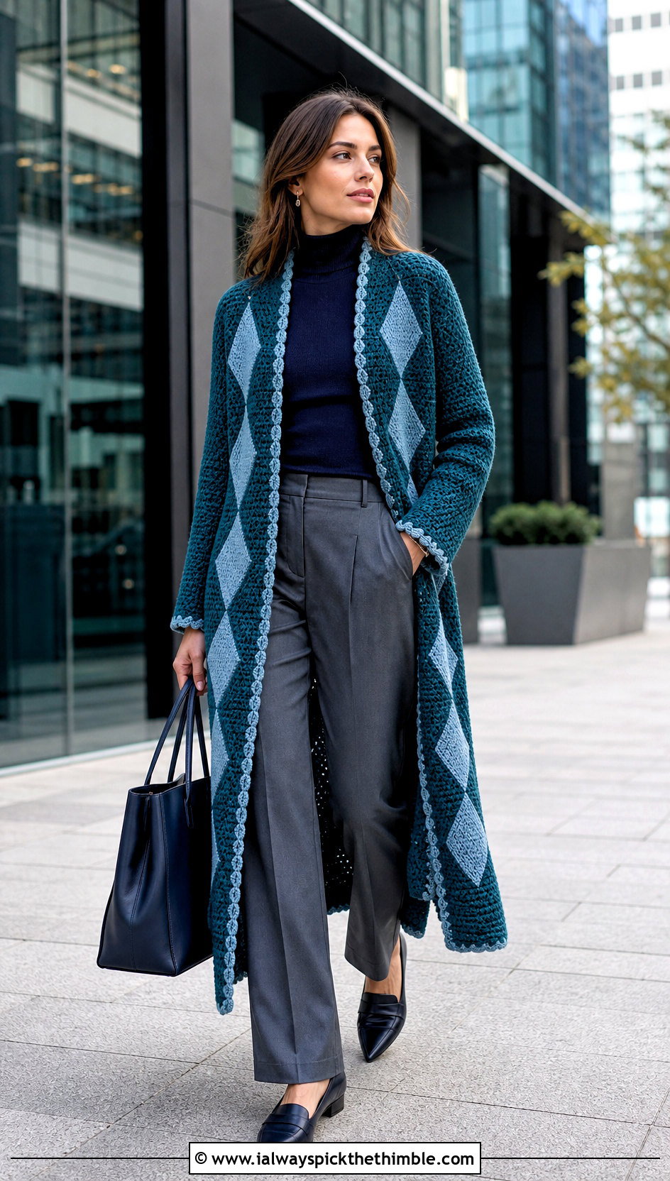 Longline Howls Crochet Jacket With Tailored Trousers - 20 Howl's Crochet Jacket outfit ideas