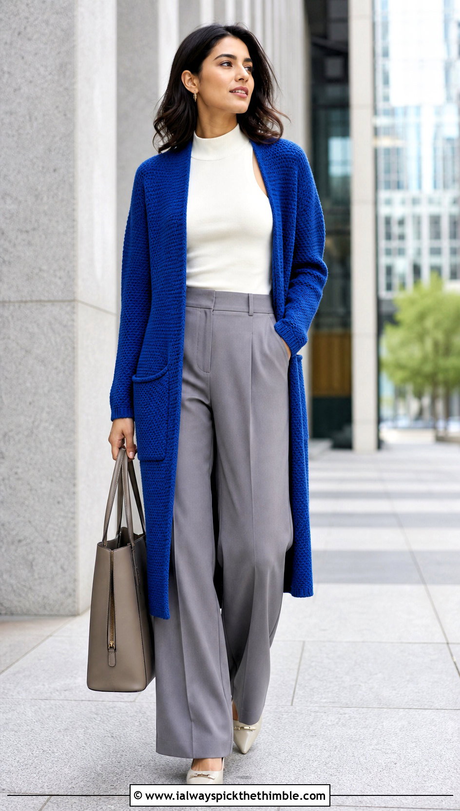 Longline Inset Pocket Crochet Cardigan With Tailored Trousers - 25 crochet cardigan with pockets outfit ideas