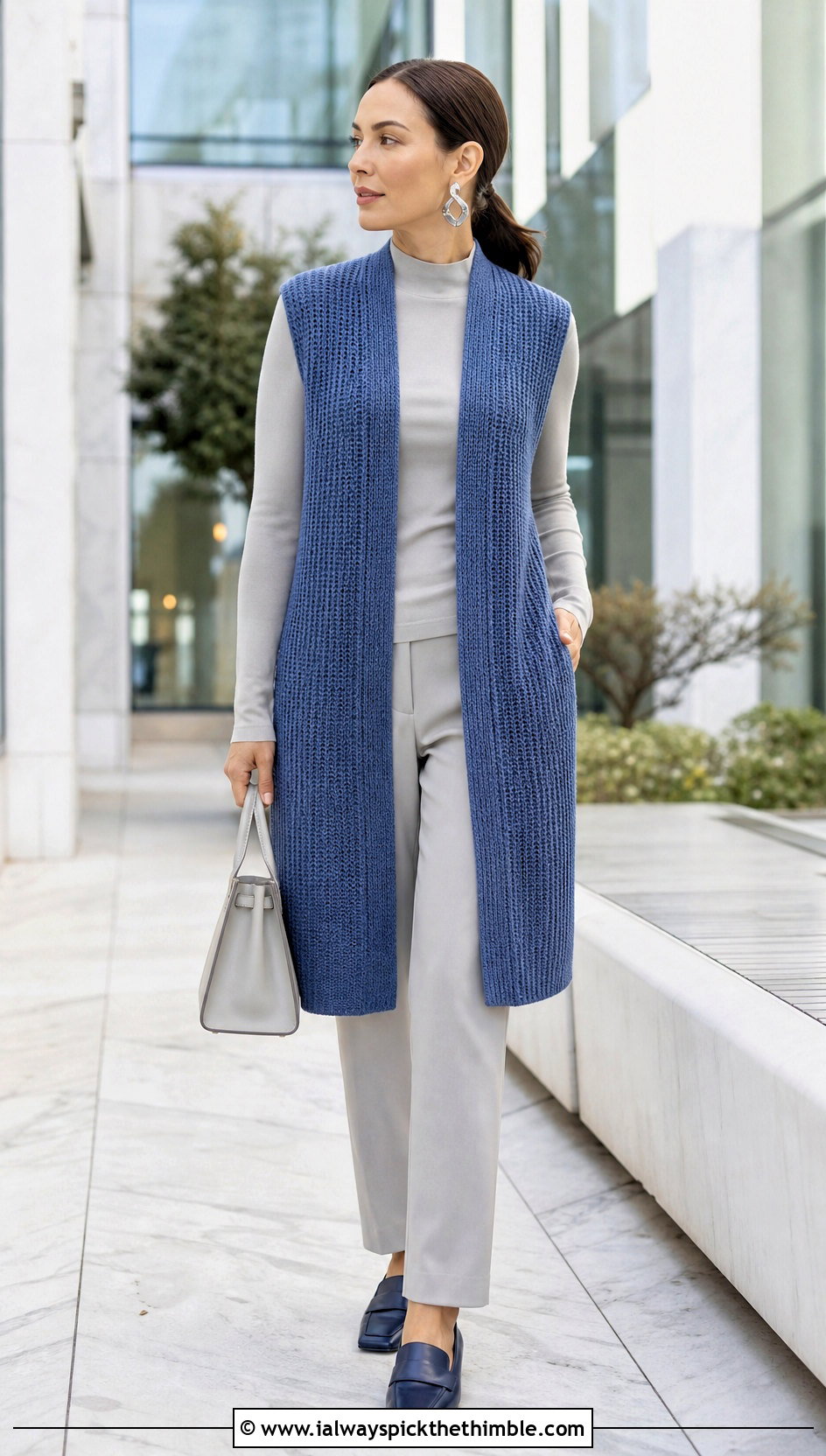 Longline Knit Stitch Tunisian Crochet Vest With Monochrome Separates - 20 Tunisian Crochet Vest outfit ideas