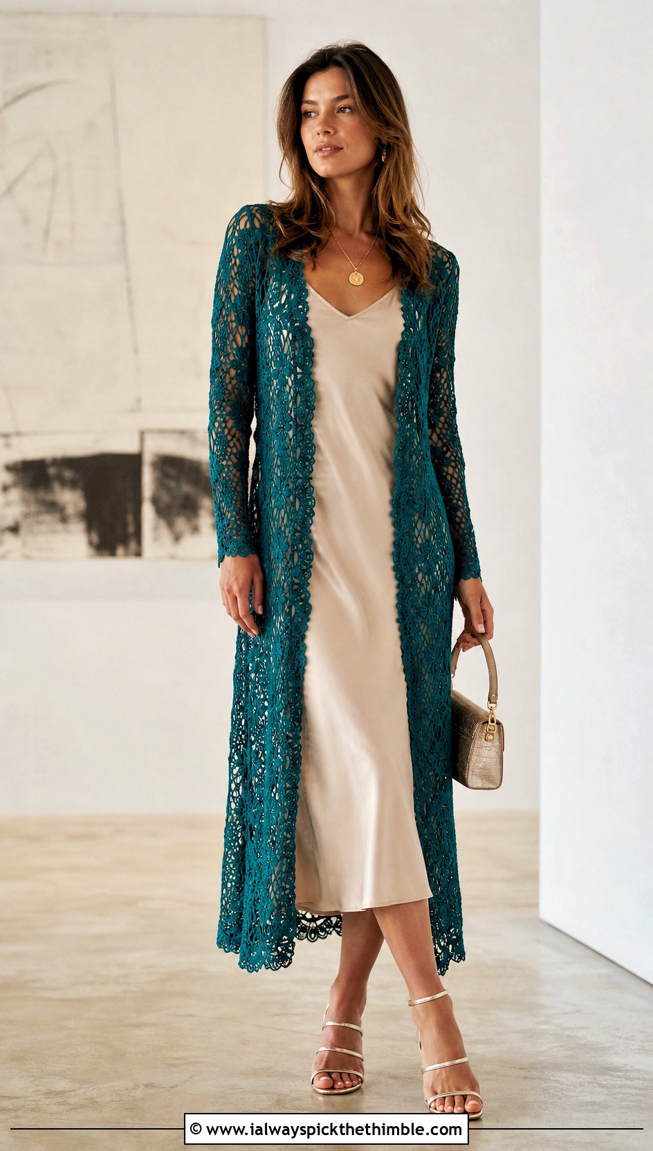 Longline Lace Crochet Cardigan With Satin Slip Dress - 25 crochet cardigans for women outfit ideas