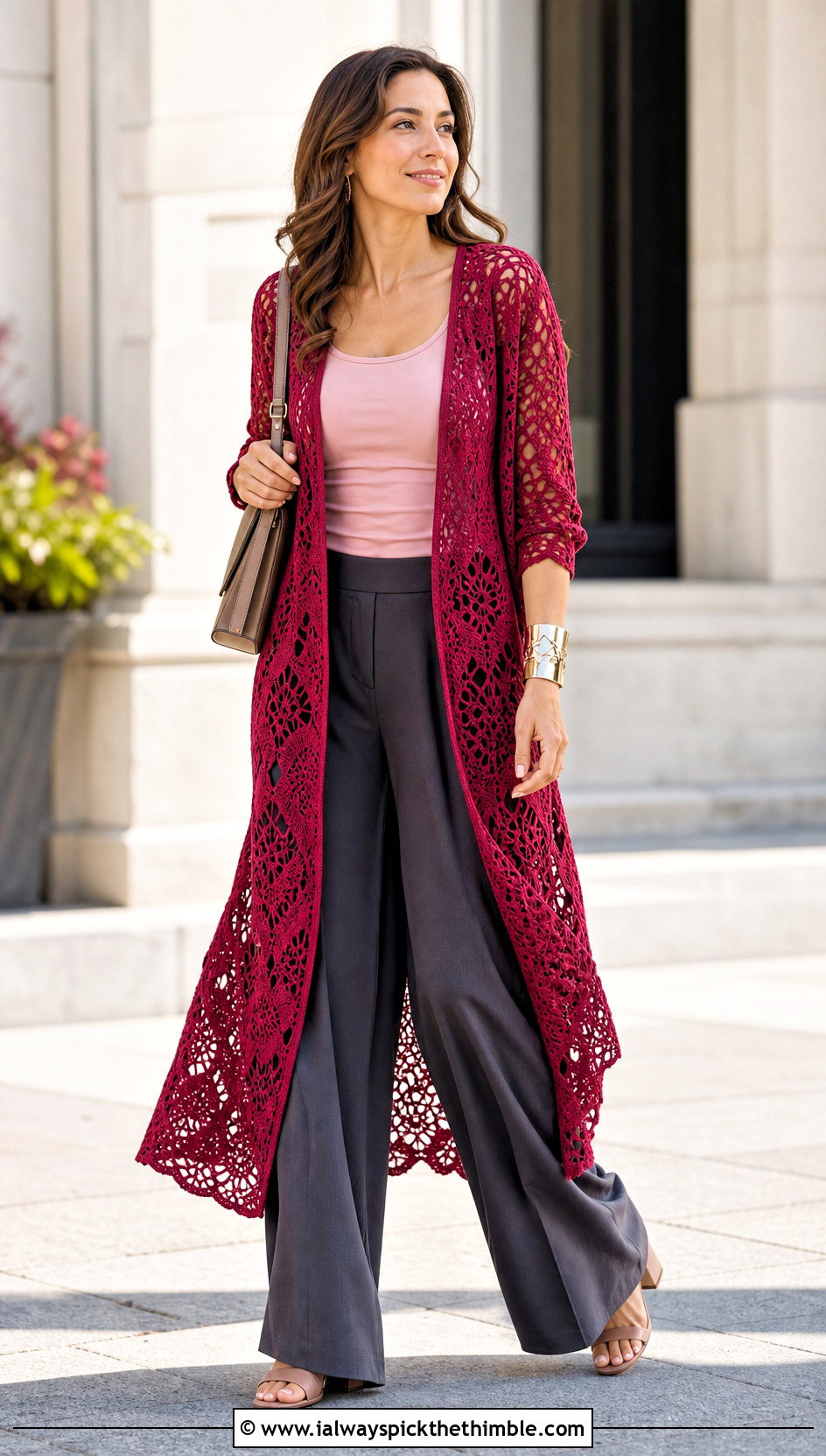 Longline Lace Crochet Cardigan With Wide Leg Trousers - 15 summer crochet cardigan design outfit ideas