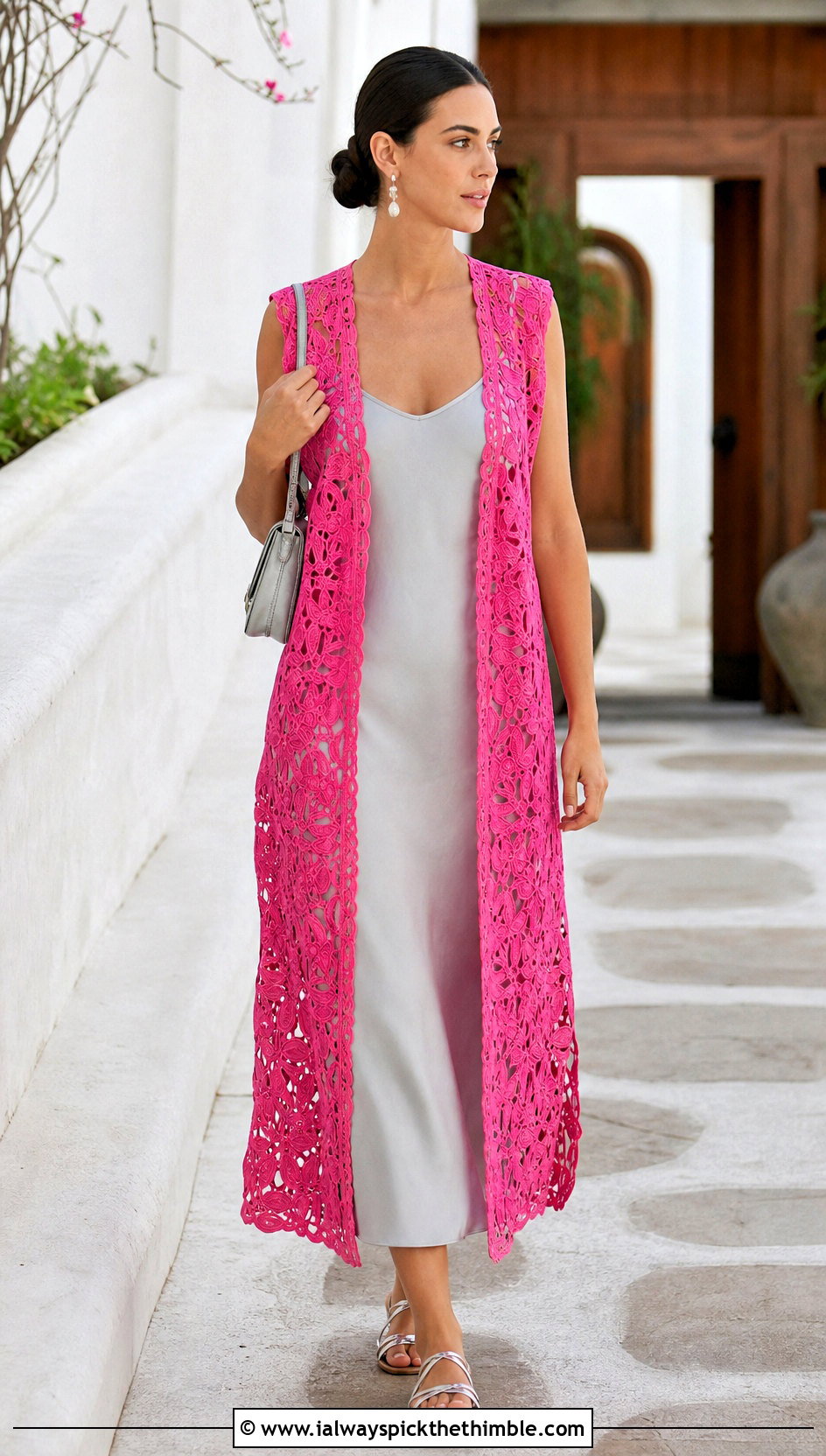 Longline Lace Crochet Summer Vest With Slip Dress - 25 Crochet Summer Vest outfit ideas