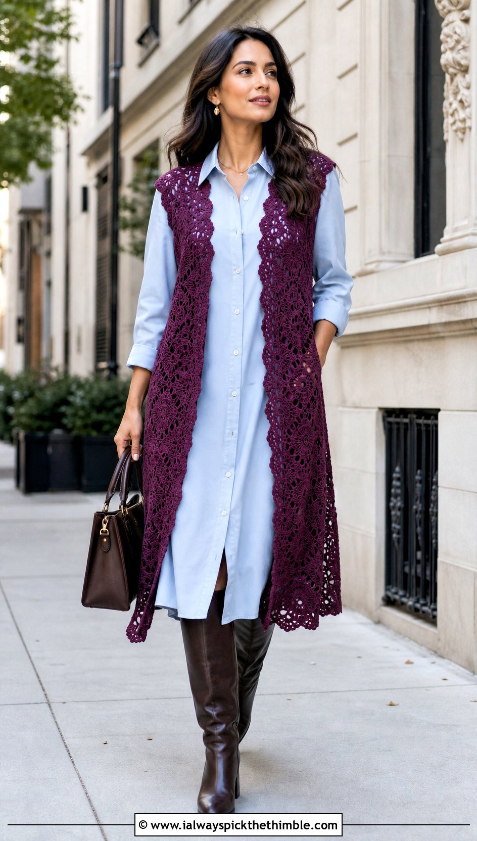 Longline Lace Crochet Waistcoat With Shirt Dress - 20 ladies crochet waistcoat outfit ideas