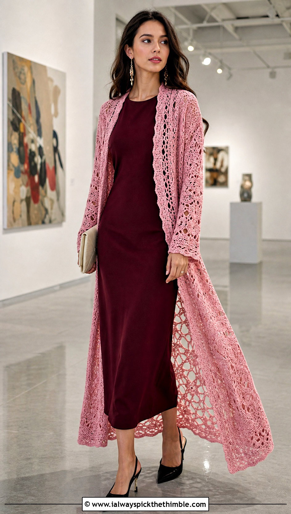 Longline Lace Duster Cardigan With Column Dress - 20 crochet lacy cardigan outfit ideas