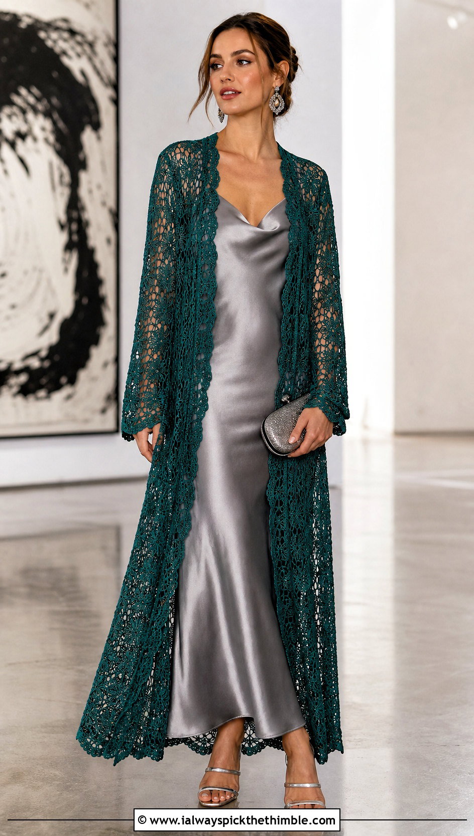 Longline Lace Green Crochet Cardigan With a Slip Dress - 25 green crochet cardigan outfit ideas