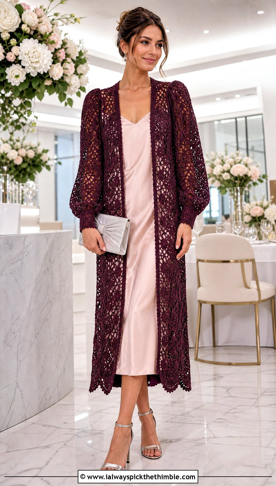 Longline Lace Puff Sleeve Crochet Cardigan With Slip Dress - 20 Puff Sleeve Crochet Cardigan outfit ideas