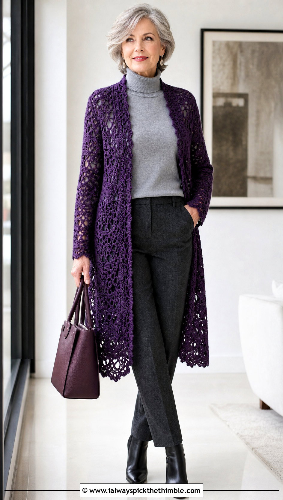 Longline Lacy Crochet Cardigan With Turtleneck And Wool Trousers - 20 Lacy Crochet Cardigan outfit ideas