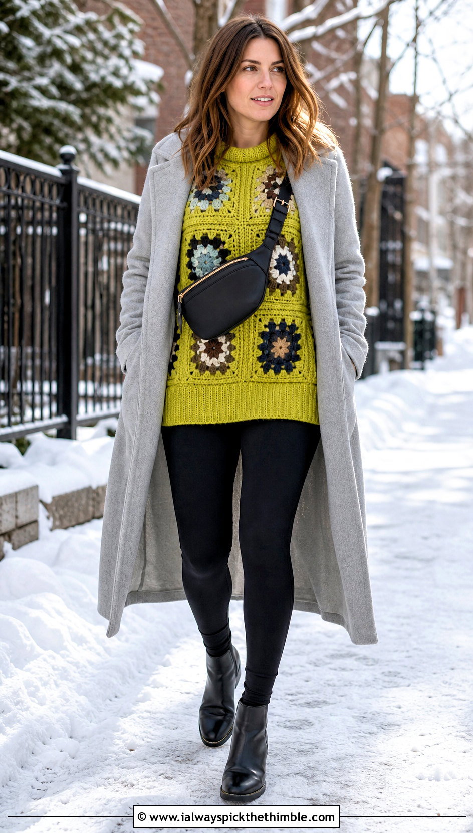 Longline Large Granny Square Sweater With Leggings - 25 large granny square sweater outfit ideas