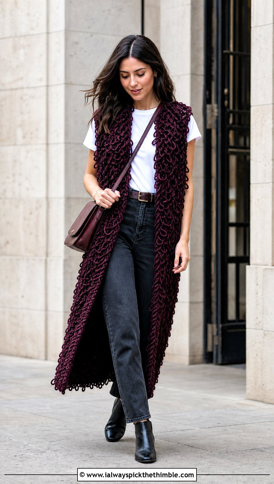 Longline Loopy Crochet Vest With Straight Leg Jeans - 15 loopy crochet vest outfit ideas