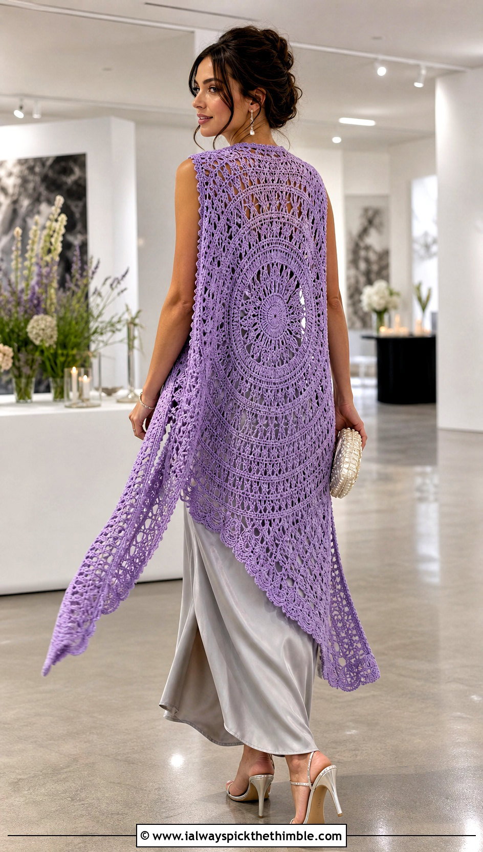 Longline Mandala Crochet Circle Vest With Slip Dress - 25 crochet circle vest outfit ideas