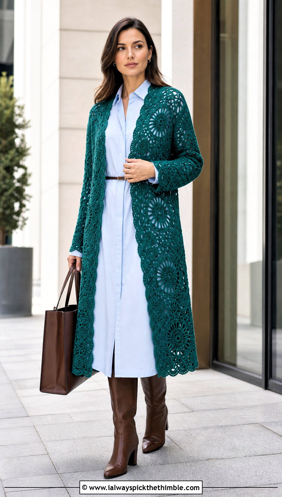 Longline Mandala Crochet Sweater With Shirt Dress - 20 Mandala Crochet Sweater outfit ideas