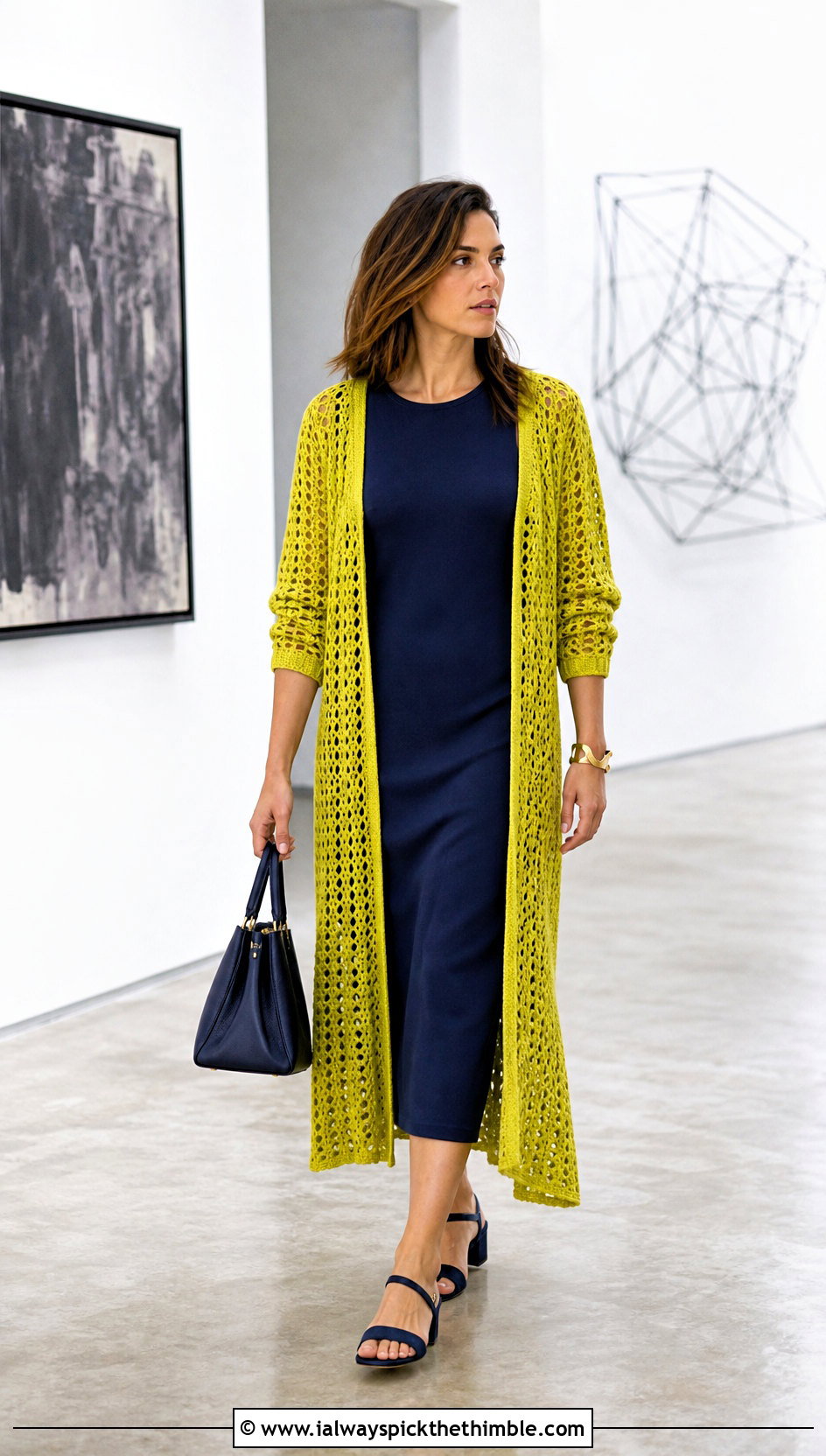 Longline Mesh Crochet Cardigan With Column Dress - 25 beginner crochet cardigan outfit ideas