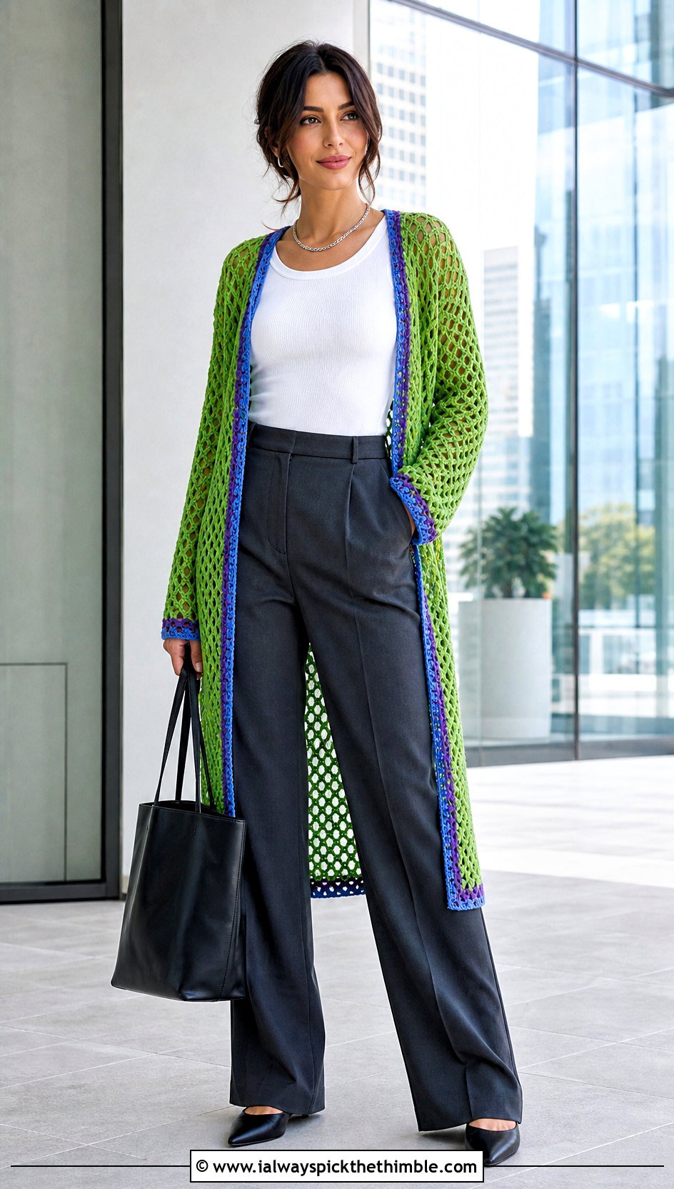 Longline Mesh Crochet Cardigan With Tailored Trousers - 20 Crochet Colourful Cardigan outfit ideas