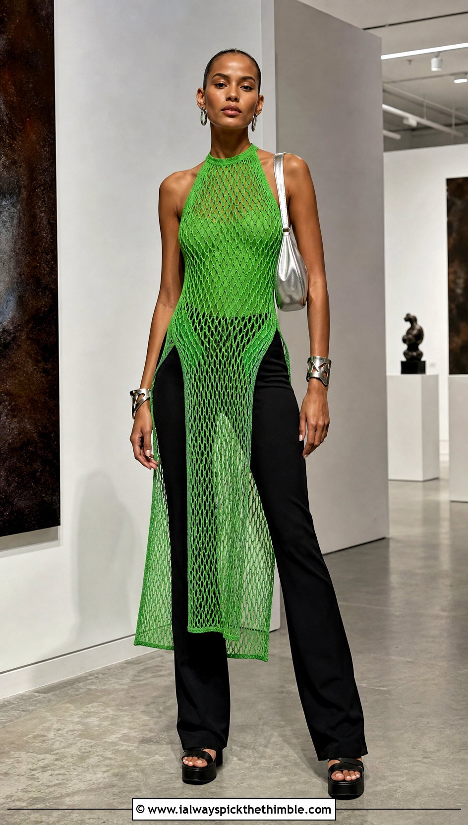 Longline Mesh Halter Top With Slim Flare Pants - 20 Crochet Mesh Halter Top outfit ideas