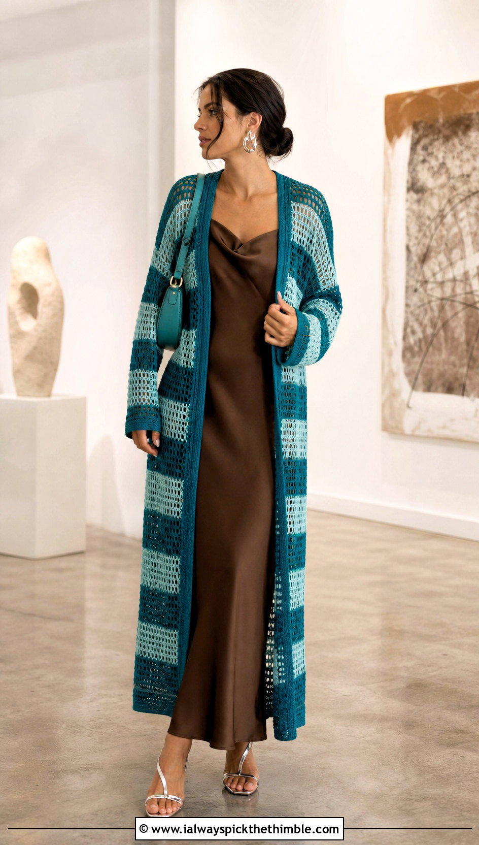 Longline Mesh Stripe Crochet Cardigan With Slip Dress - 25 crochet striped cardigan outfit ideas