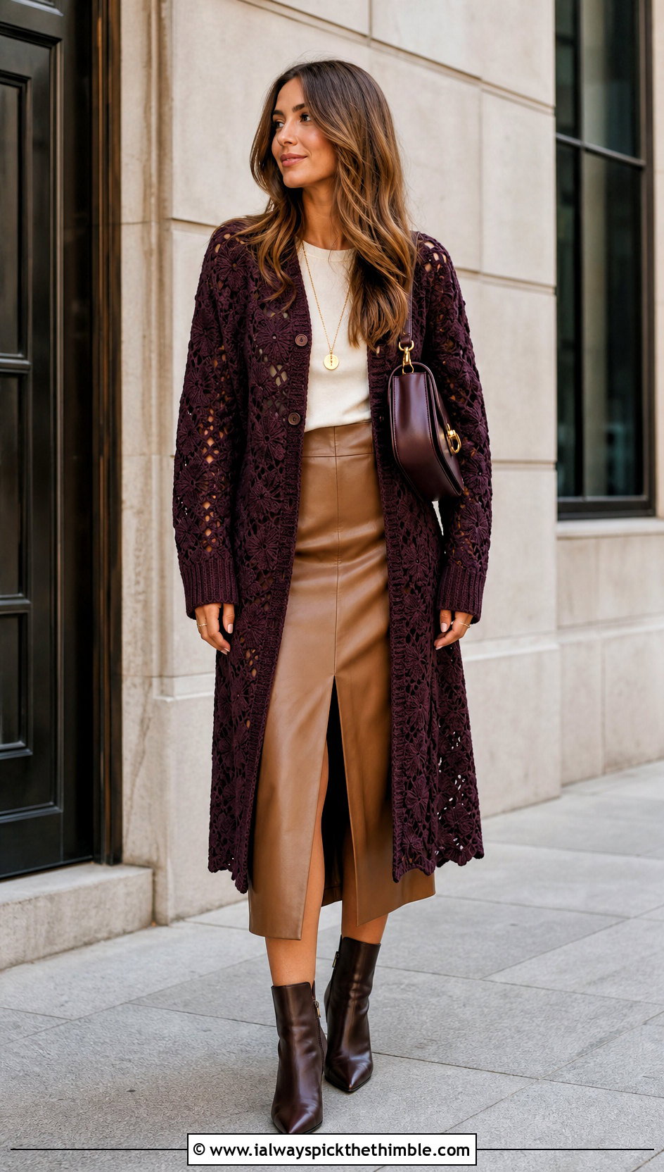 Longline Miu Miu Crochet Cardigan With Leather Midi Skirt - 20 Miu Miu Crochet Cardigan outfit ideas