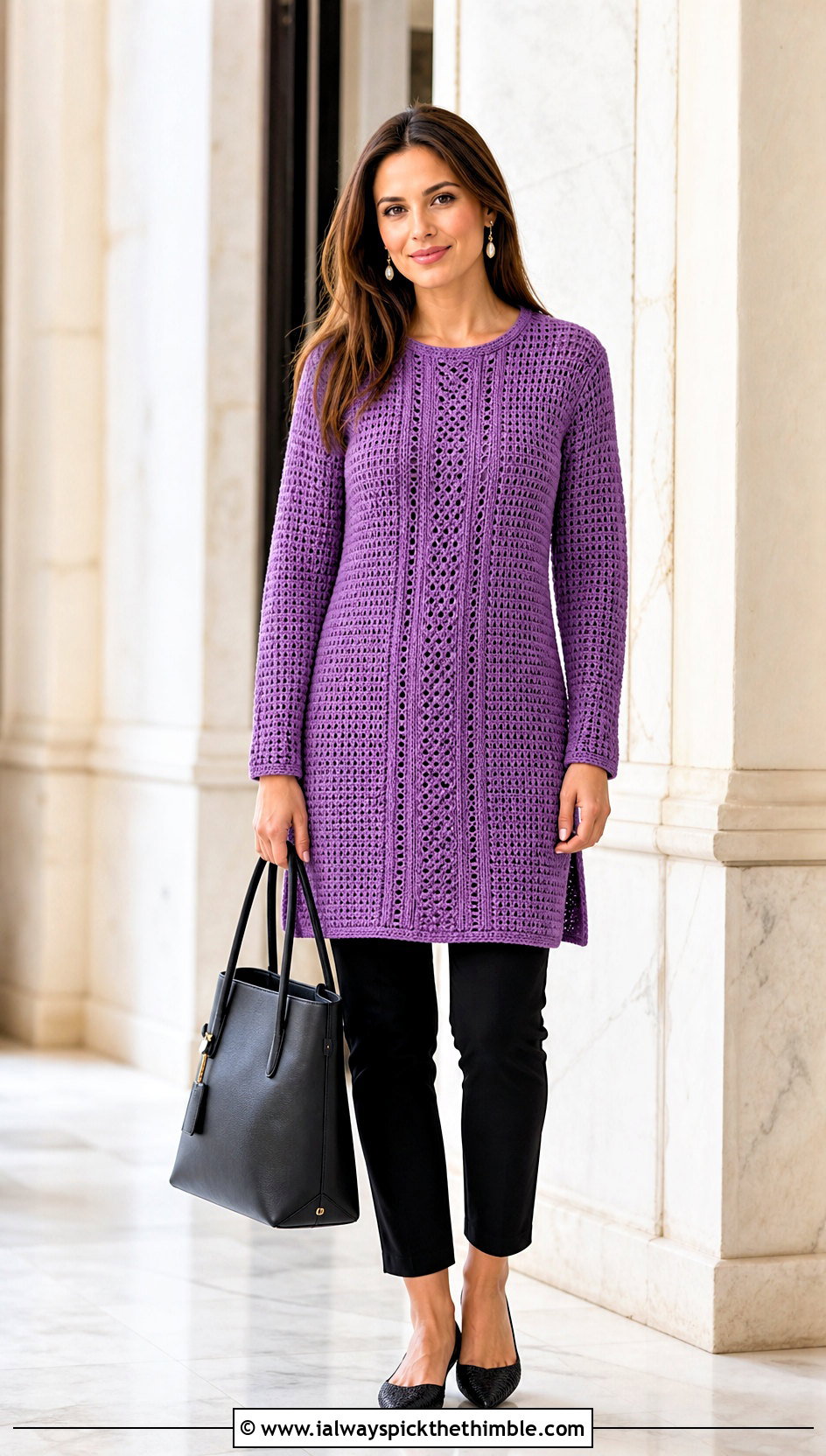 Longline Norwegian Crochet Sweater With Slim Ankle Pants - 20 Norwegian Crochet Sweater outfit ideas