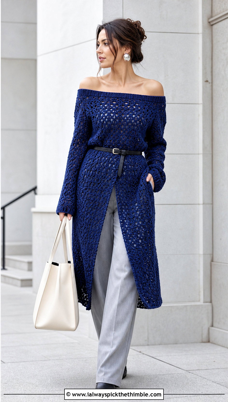 Longline Off The Shoulder Crochet Sweater With Belted Pants - 20 off the shoulder crochet sweater outfit ideas