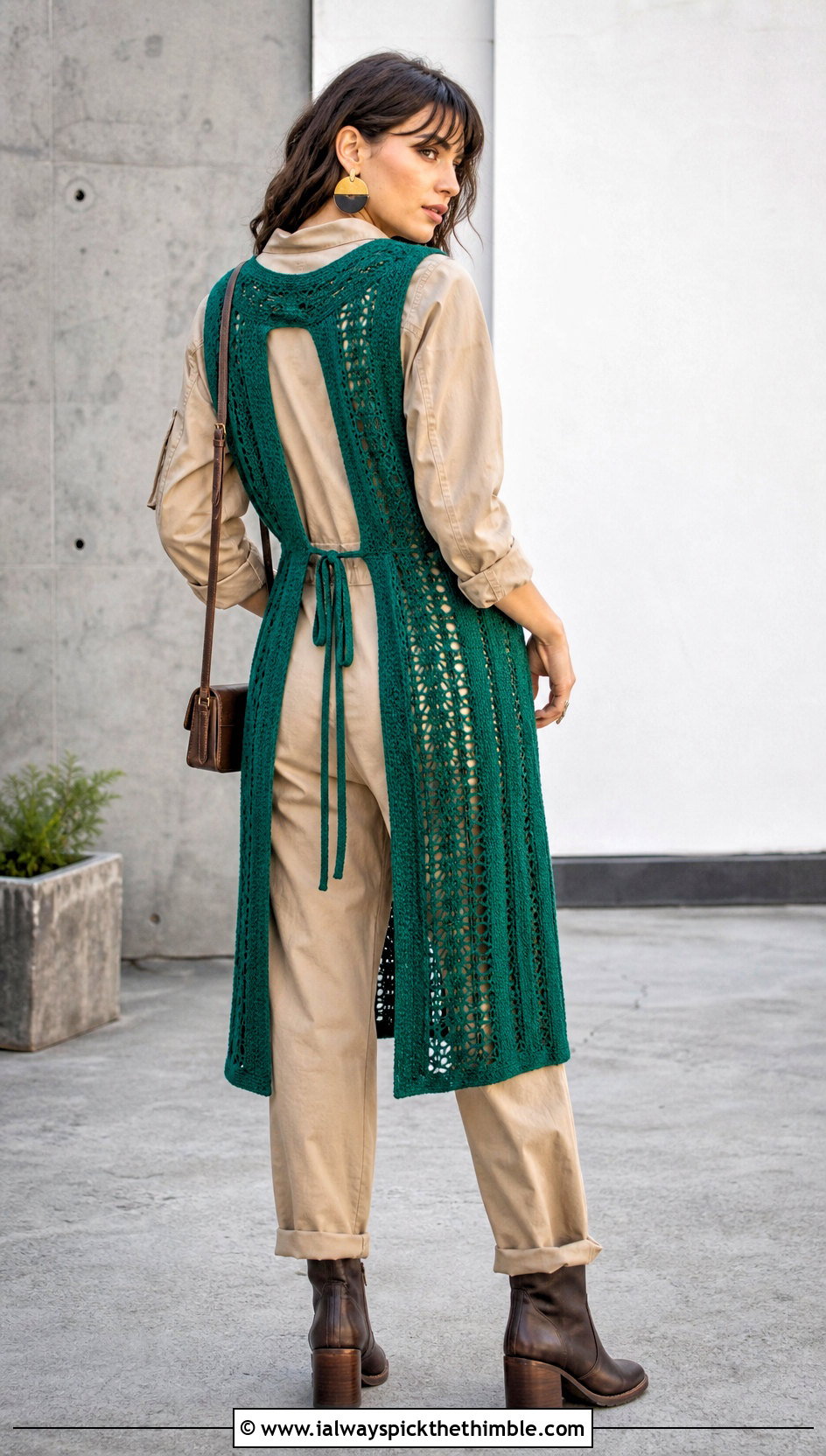 Longline Open Back Crochet Vest With Utility Jumpsuit - 15 crochet open back vest outfit ideas