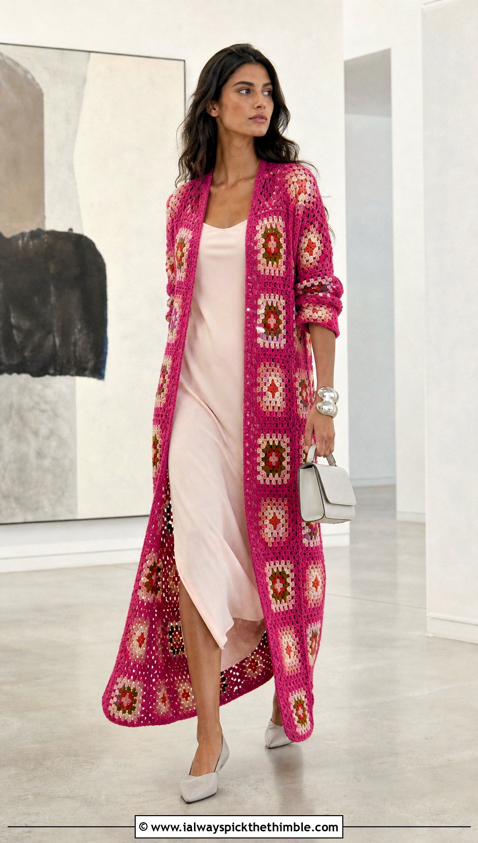 Longline Open Front Cotton Granny Square Cardigan With Column Dress - 20 cotton granny square cardigan outfit ideas