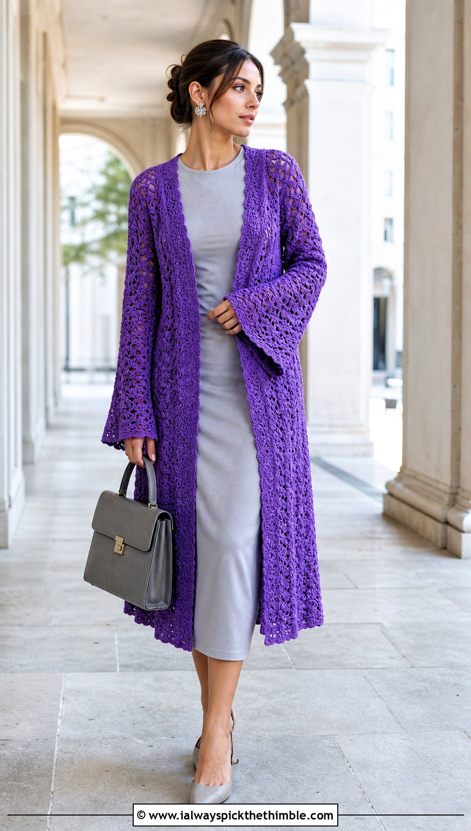 Longline Open Front Crochet Bell Sleeve Cardigan With Column Dress - 20 crochet bell sleeve cardigan outfit ideas