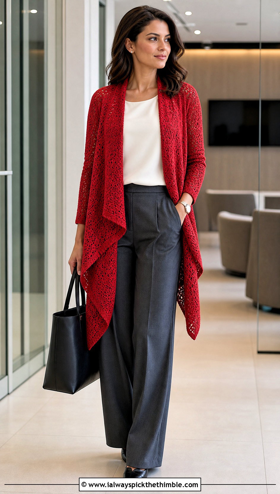 Longline Open Front Crochet Drape Cardigan With Tailored Trousers - 15 Crochet Drape Cardigan outfit ideas