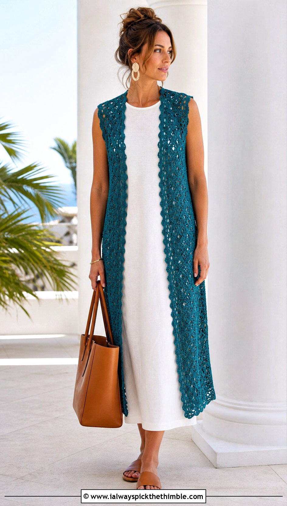 Longline Open Front Crochet Vest With Column Dress - 25 crochet vest ideas