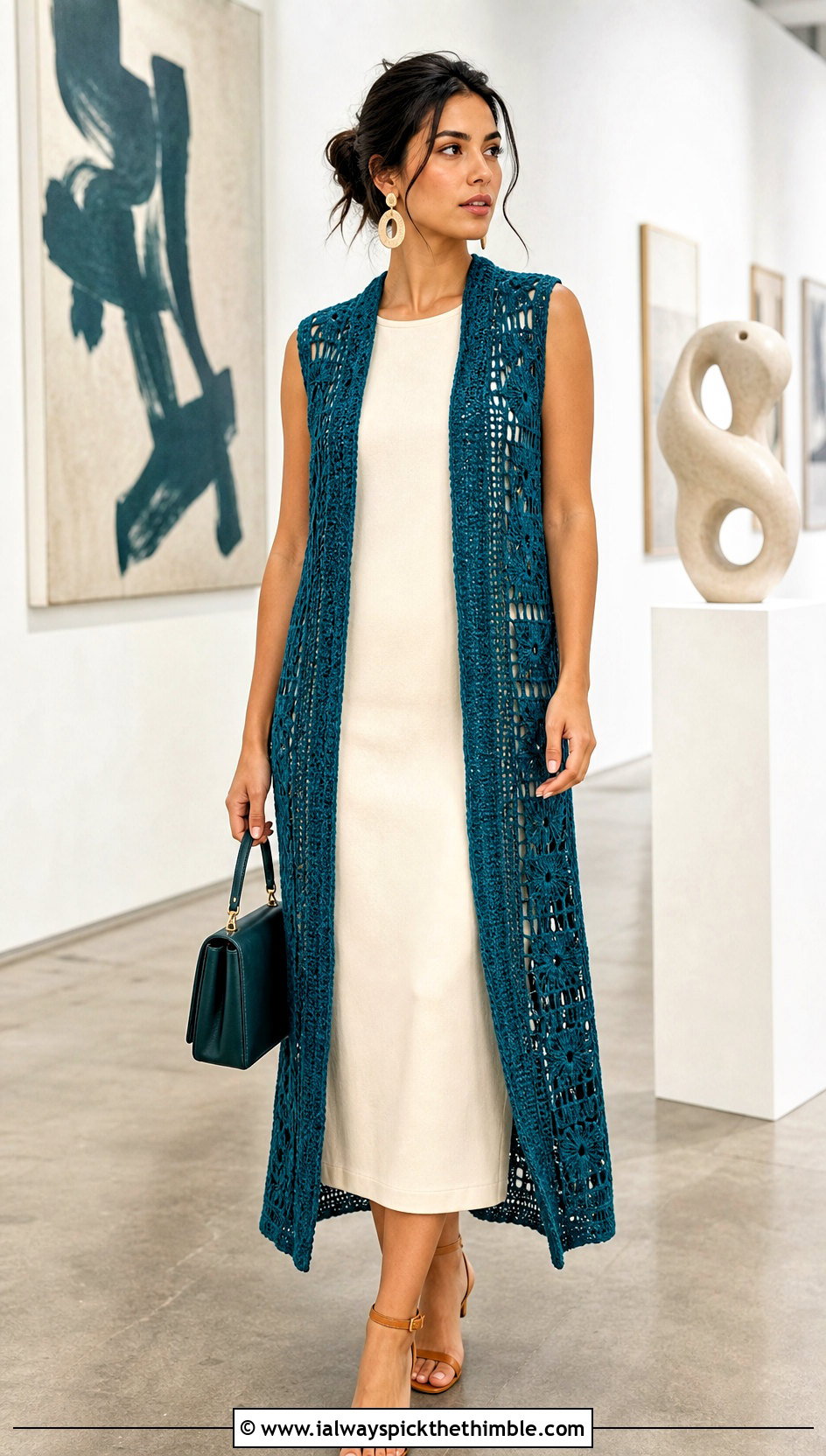 Longline Open Front Crochet Vest With Column Dress - 25 crochet vest outfits for women outfit ideas
