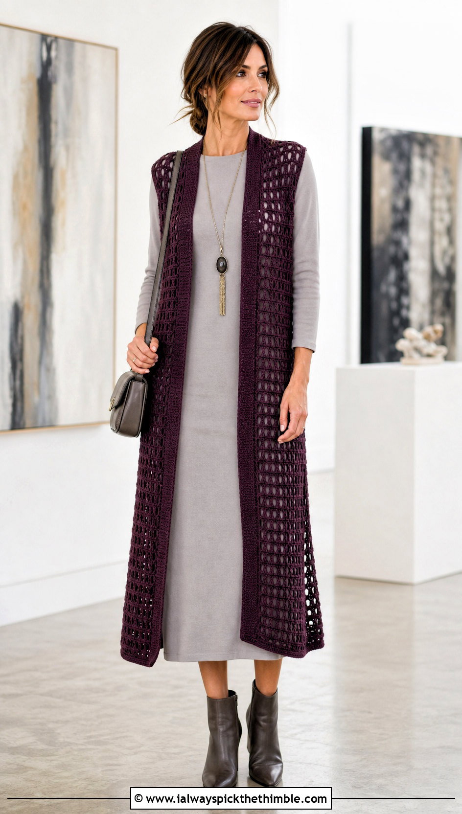 Longline Open Front Crochet Vest With Column Dress - 15 Crochet For Ladies Vests outfit ideas