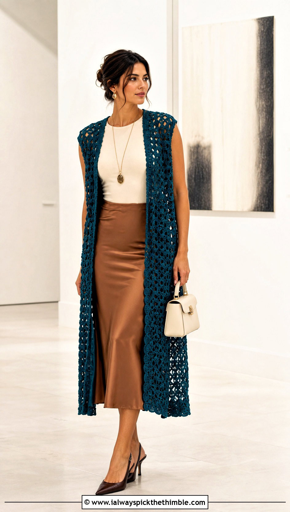 Longline Open Front Crochet Vest With Satin Skirt - 20 Crocheted Vests For Women outfit ideas