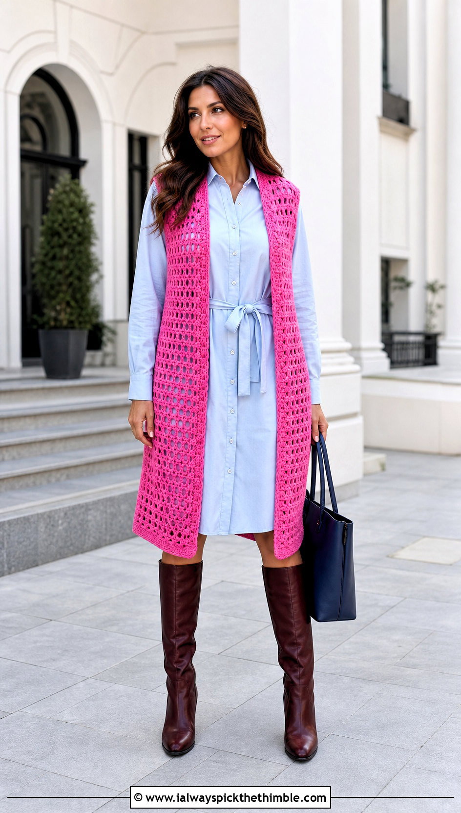 Longline Open Front Crochet Vest With Shirt Dress - 25 crochet vest woman outfit ideas