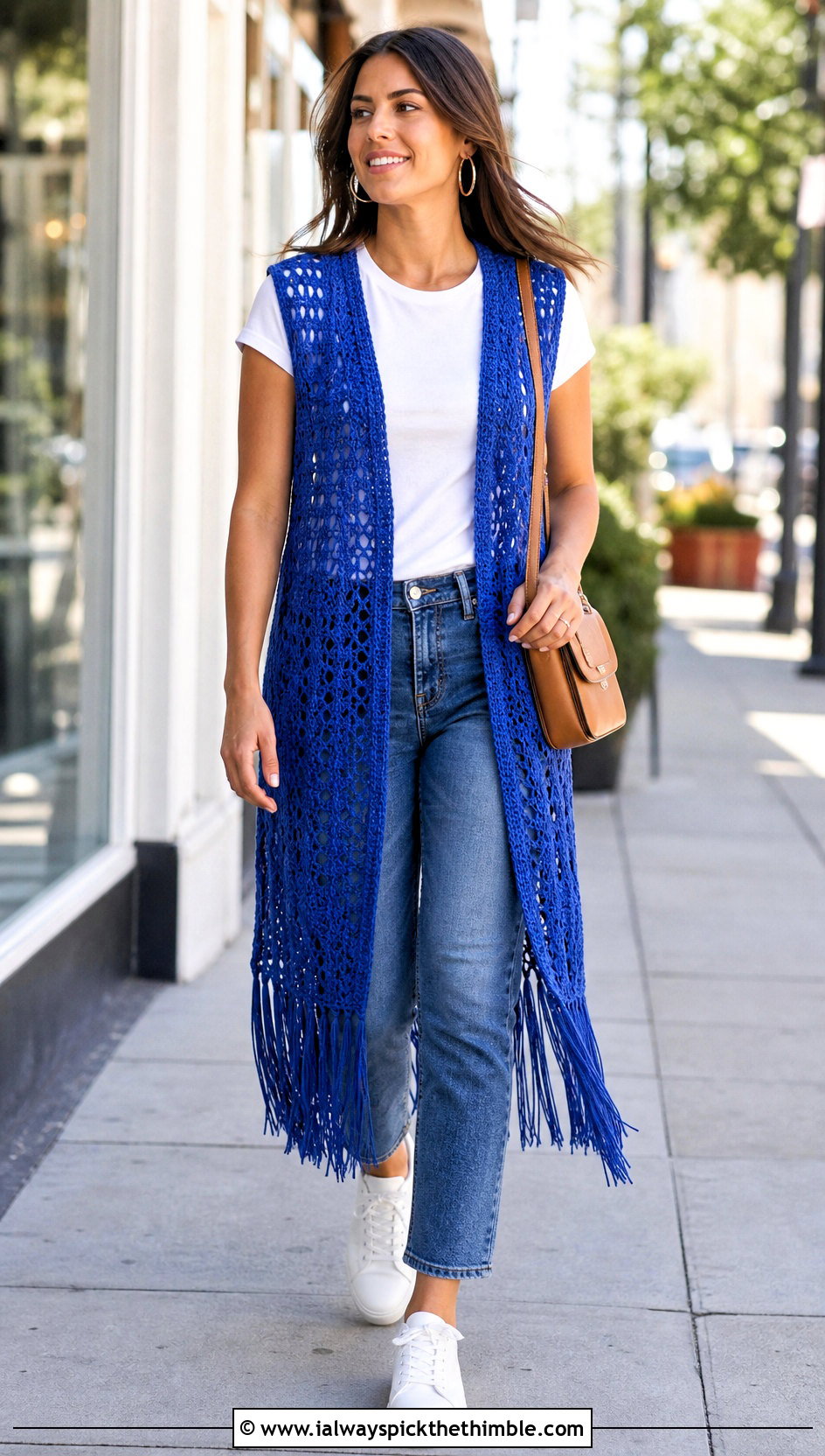 Longline Open Front Crochet Vest With Straight Leg Jeans - 15 long crochet vest with fringe outfit ideas