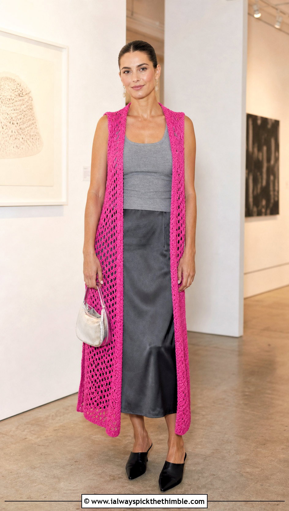 Longline Open Front Crochet Waistcoat With Satin Skirt - 25 crochet waist coat outfit ideas