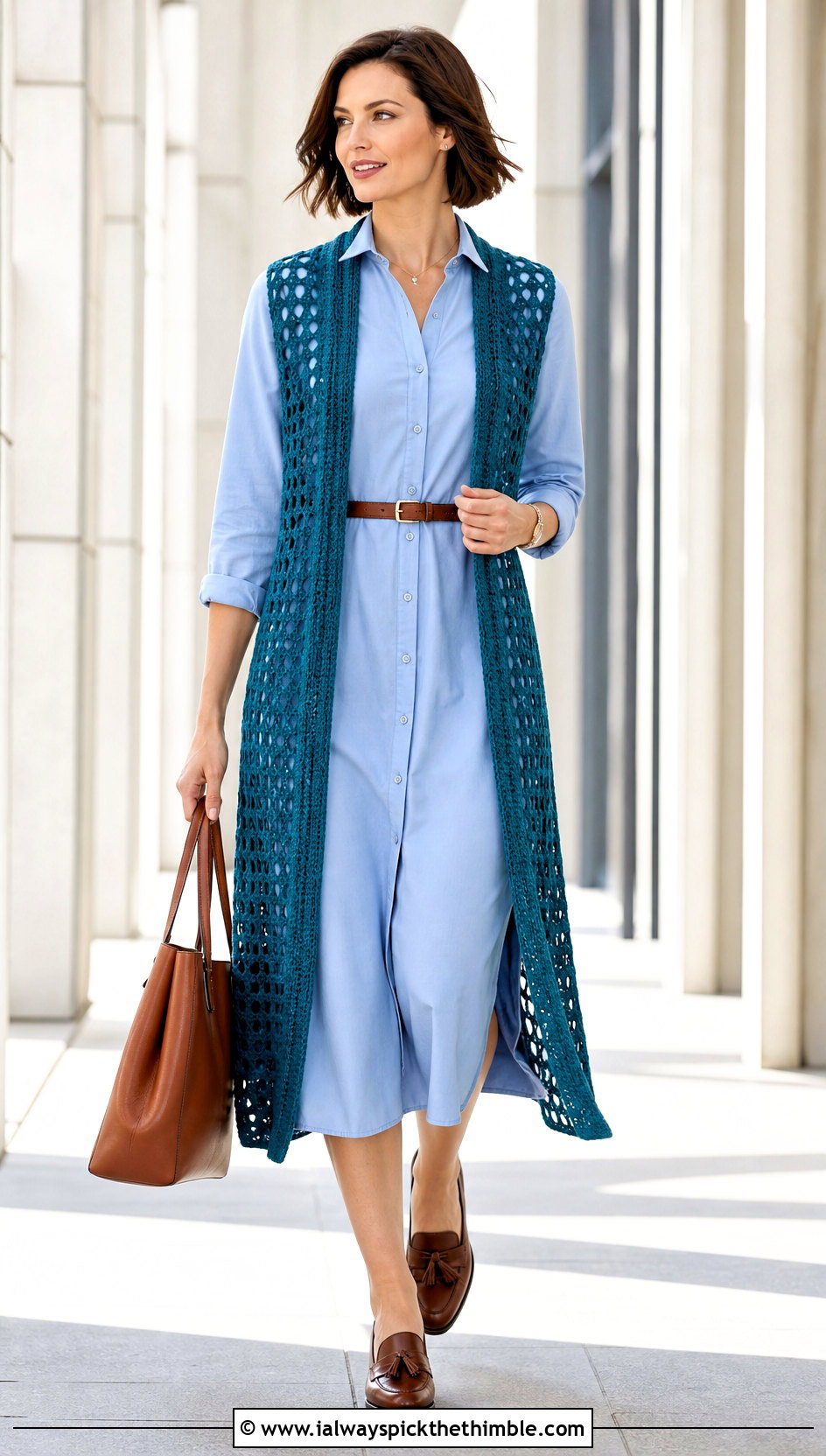Longline Open Front Crochet Waistcoat With Shirt Dress - 25 crochet waistcoat outfit ideas