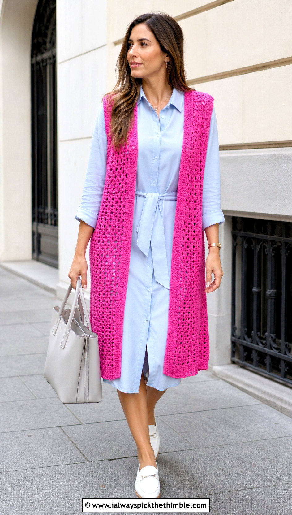Longline Open Front Crochet Waistcoat With Shirt Dress - 15 easy crochet waistcoat outfit ideas