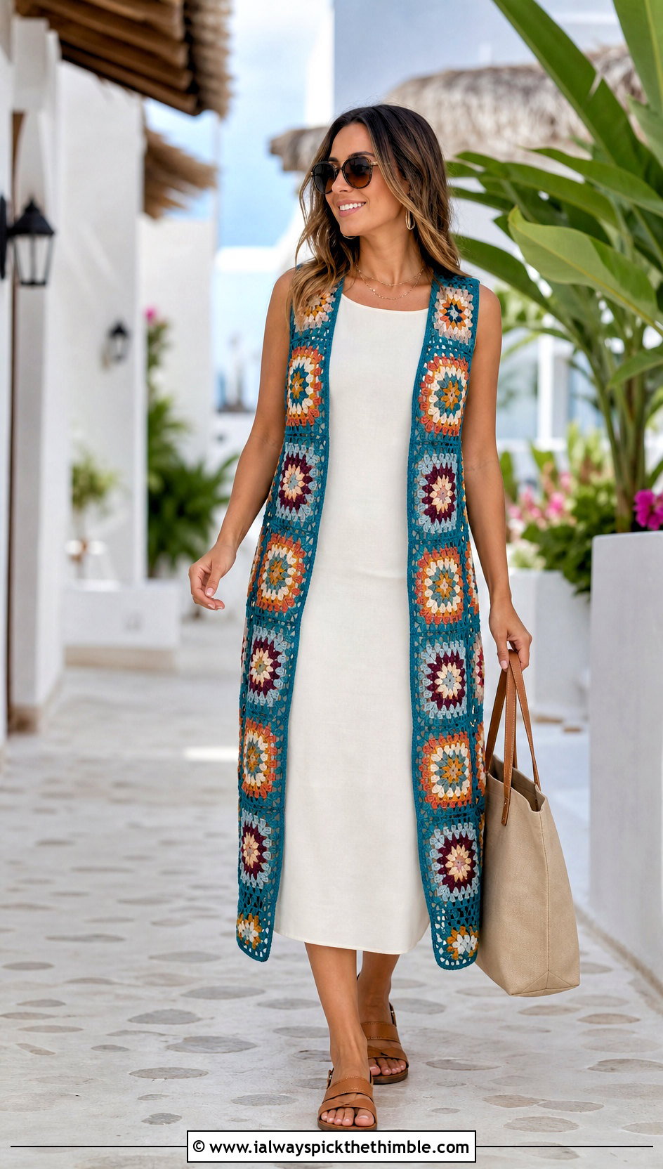 Longline Open Front Granny Square Vest With A Column Dress - 15 Crochet Granny Square Vest outfit ideas