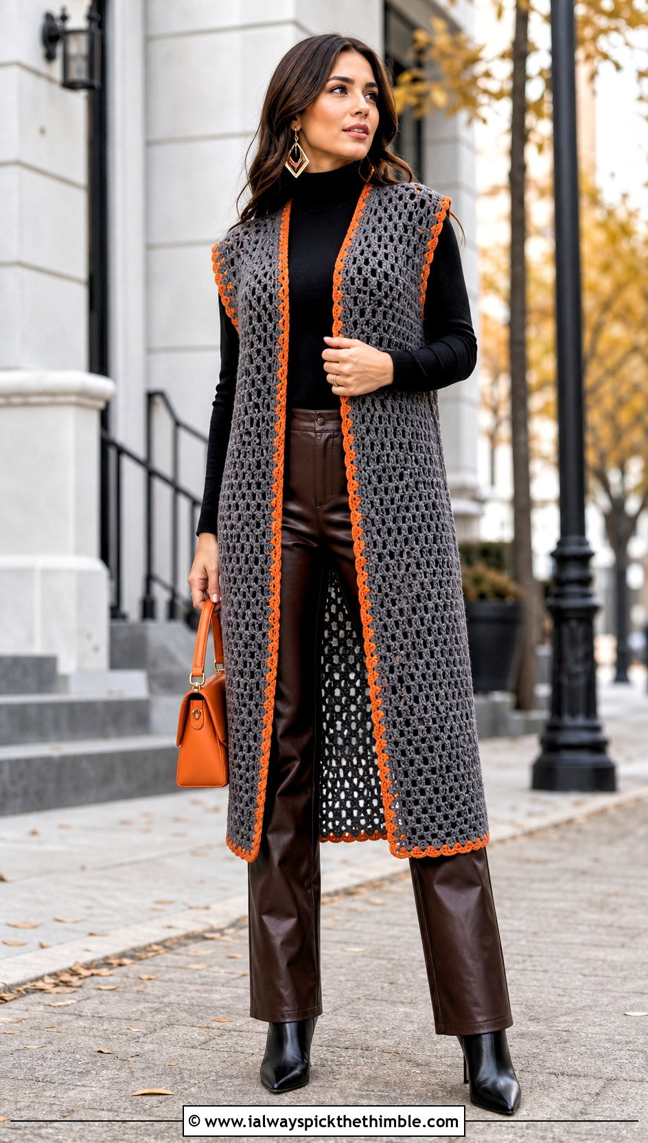 Longline Open Front Gray Crochet Vest With Leather Pants - 15 gray crochet vest outfit ideas